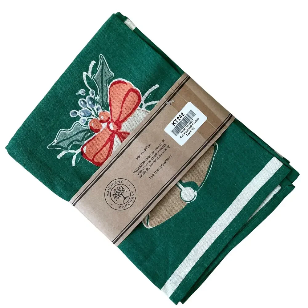 MAHOGANY Set of 2 Holiday Jingle Bell Flour Sack Kitchen Towels Christmas Green